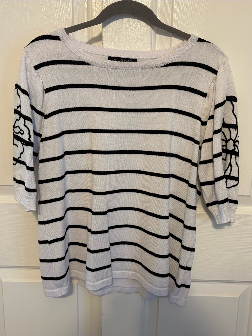 Carolyn Taylor Short Sleeved Striped Sweater with Floral Embroidery